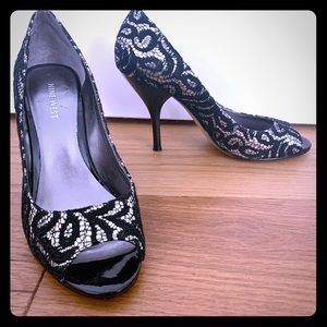 Silver & Black Lace Peep Toe Heels